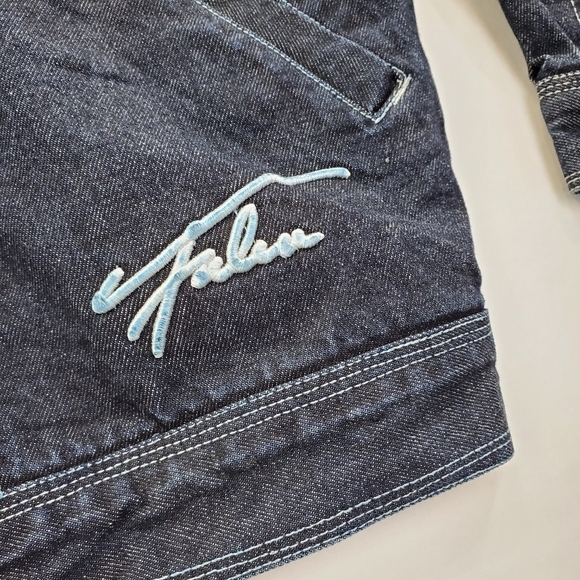 FUBU Denim Blue Jean Jacket Men 2XL Multi Pocket Embroidered Logo Button Up READ - Picture 8 of 16